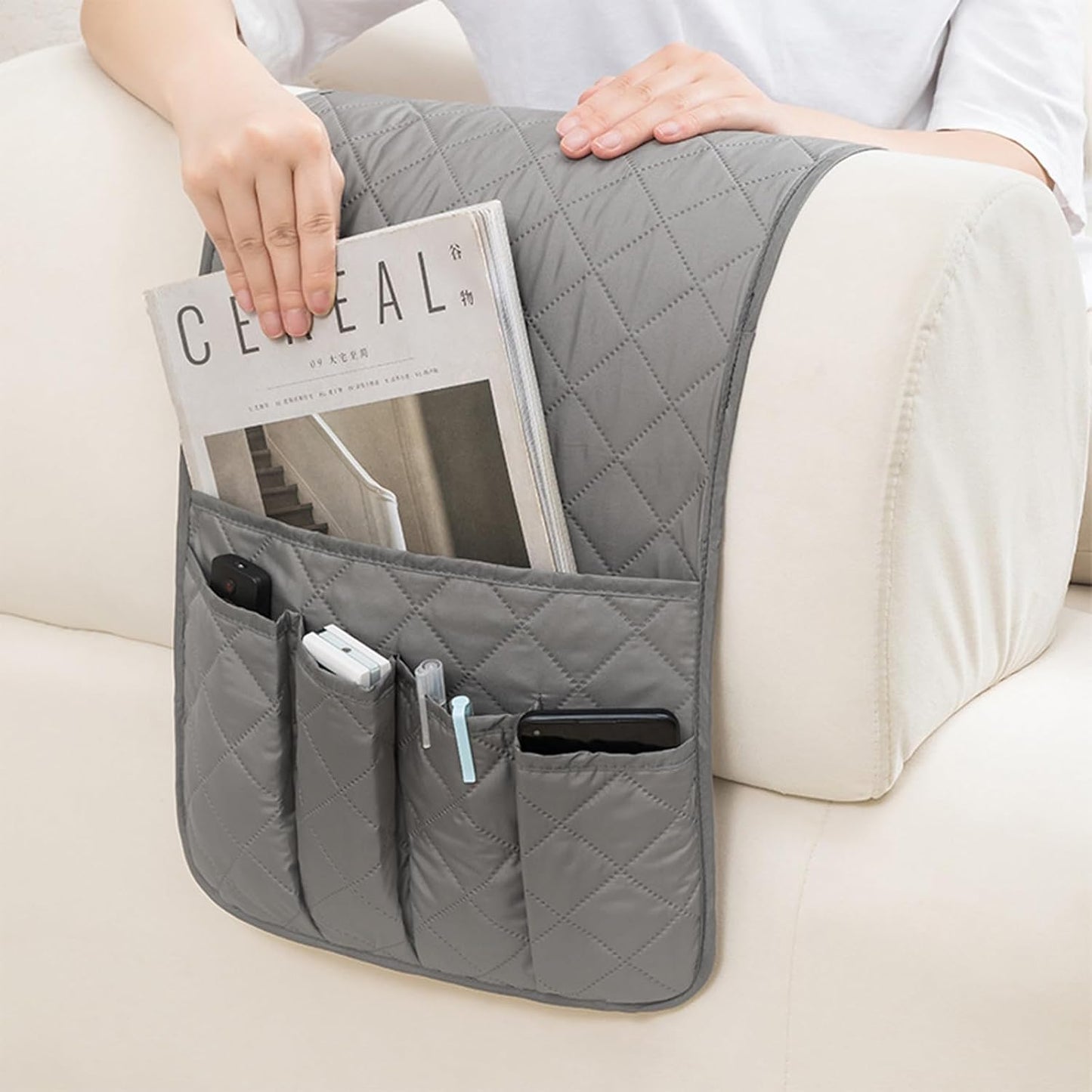 Huakaile Foldable Remote Control Holder Non-Slip Couch Sofa Chair Waterproof Armrest Organizer with 5 Pockets Armrest Organizer Couch Recliner Caddy Fits for Ipad, Phone, Magazines (Coffee)