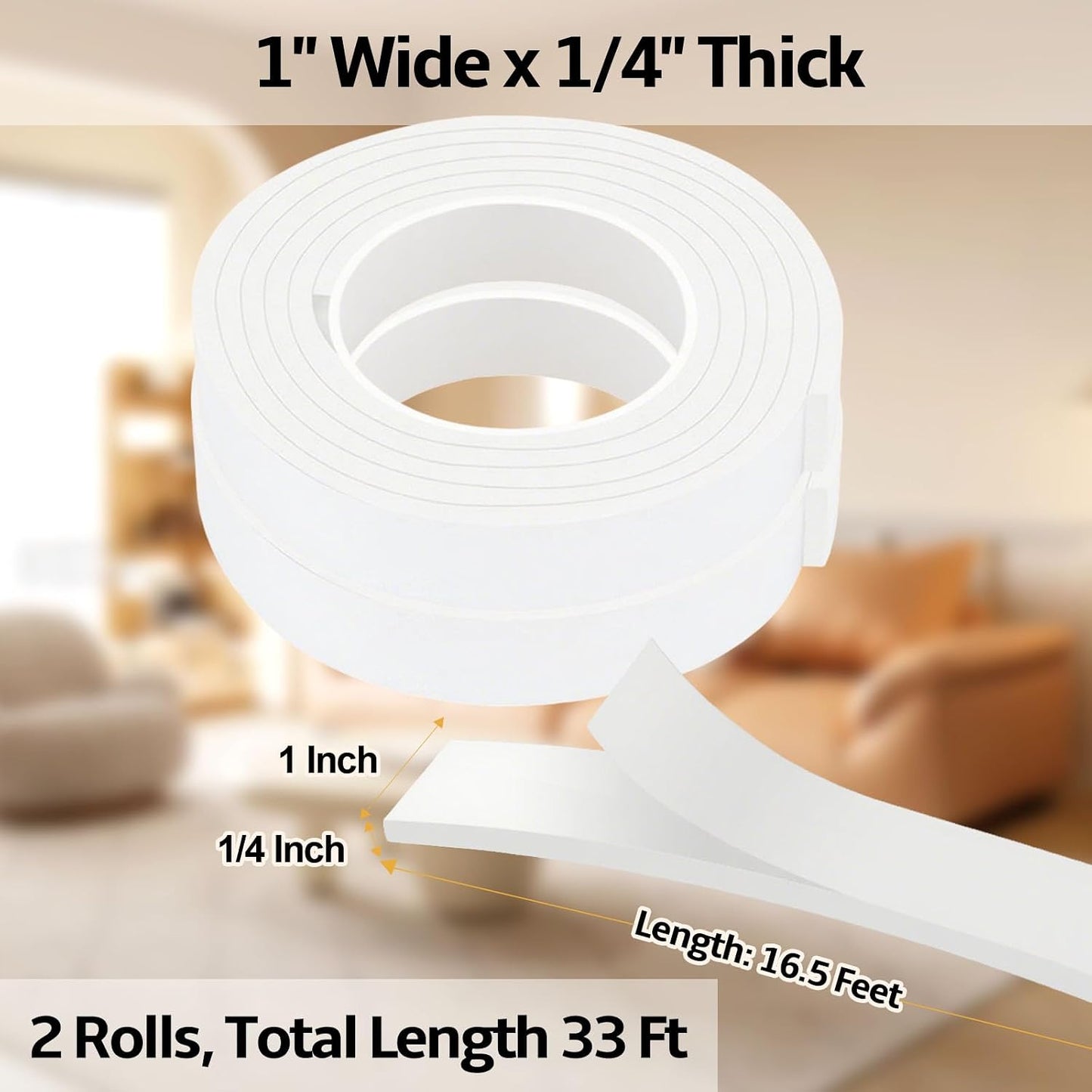 1 in Wide x 1/8 in Thick x 33FT Foam Weather Stripping Door Seal,Window Sealing Tape，Single-Sided Self-Adhesive Insulation Sealing Strip White