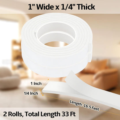 1 in Wide x 1/8 in Thick x 33FT Foam Weather Stripping Door Seal,Window Sealing Tape，Single-Sided Self-Adhesive Insulation Sealing Strip White