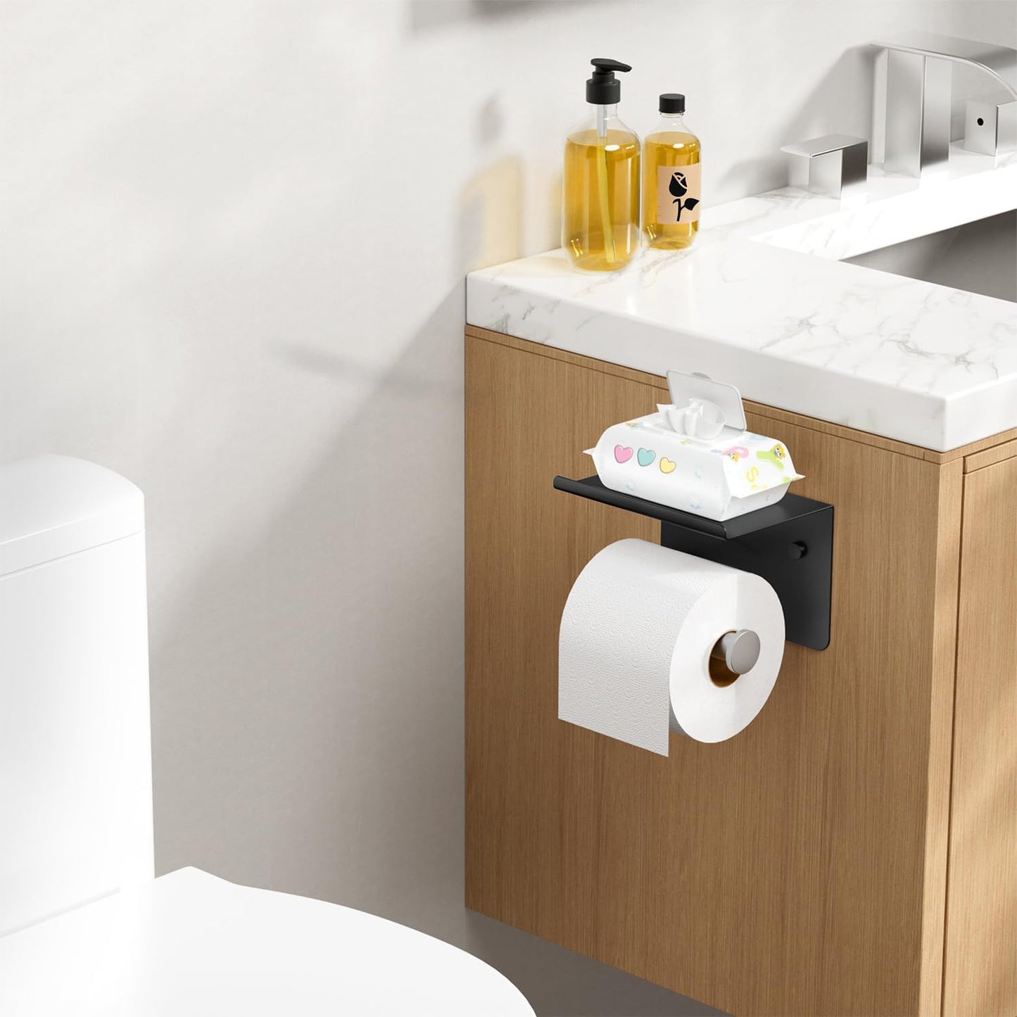 FORIOUS Toilet Paper Holder with Shelf, Adhesive or Screw, Commercial | Brushed Nickel | Wall Mount Bathroom Tissue Holder | SUS304 Stainless Steel Rustproof | Bathroom Tissue Roll Holder