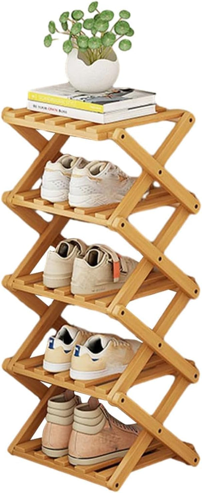 YYW Bamboo Shoe Rack for Entryway, Foldable Free Standing for Closet | Installation-Free Vertical Shoe Racks, Shoe Shelf for Living Room Bedroom, Easy To Assemble, Tawny 5 Layers