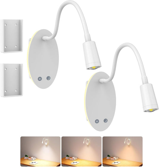 Rechargeable Wall-Mounted Reading Light for Bed - Cordless Bedside Lamp with 40H Battery, 3 Color Temperatures & Stepless Dimming, Eye-Care Night Light, USB Output, No Disturb to Partner(2pcs)
