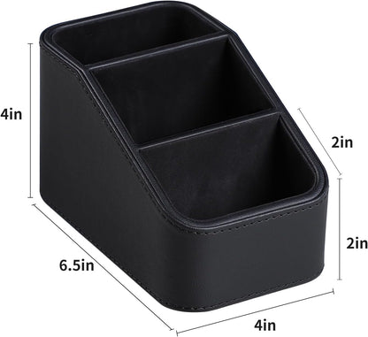 Remote Control Holder, Small Desk Organizer TV Remote Caddy, Black | PU Leather 3 Compartments Remote Holder, Remote Organizer Nightstand Organizer for Couch Bedside Living Room Office