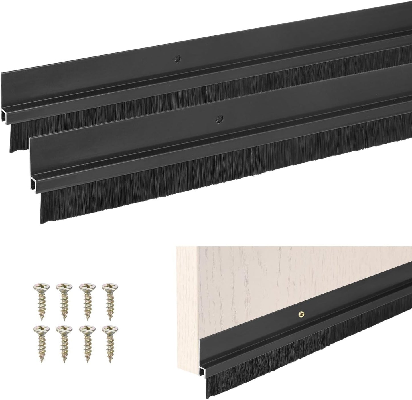 M METERXITY 2Pack Door Sweep - 39" Door Bottom Brush Heavy Duty Seal Draft Stopper Aluminum Base with 20mm Brush, Adhesive/Screw Installation for Interior/Exterior/Garage/Sliding Doors, Black