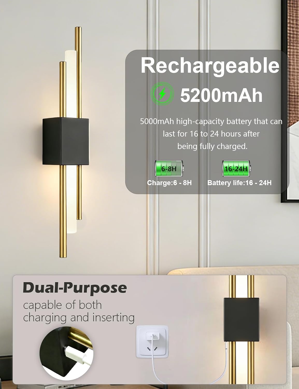 USB Rechargeable Wall Sconces Set of 2, Wireless Cordless Wall Lamp with Dimmable Timer, No Wiring Needed Mounted Wall Light, Modern Decor wall lights for Living Room, Bedroom, Study, Corridor