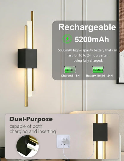 USB Rechargeable Wall Sconces Set of 2, Wireless Cordless Wall Lamp with Dimmable Timer, No Wiring Needed Mounted Wall Light, Modern Decor wall lights for Living Room, Bedroom, Study, Corridor