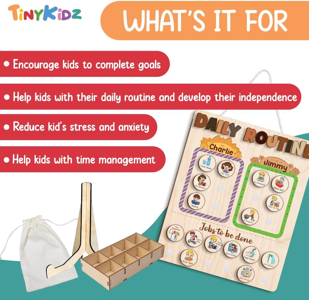 TinyKidz Wooden Daily Routine Chart 11x15, Schedule Board for Kids, Wooden Chore Chart for Kids, Responsibilities Chart for Toddlers, Morning Bedtime Routine for Toddlers