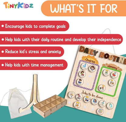TinyKidz Wooden Daily Routine Chart 11x15, Schedule Board for Kids, Wooden Chore Chart for Kids, Responsibilities Chart for Toddlers, Morning Bedtime Routine for Toddlers