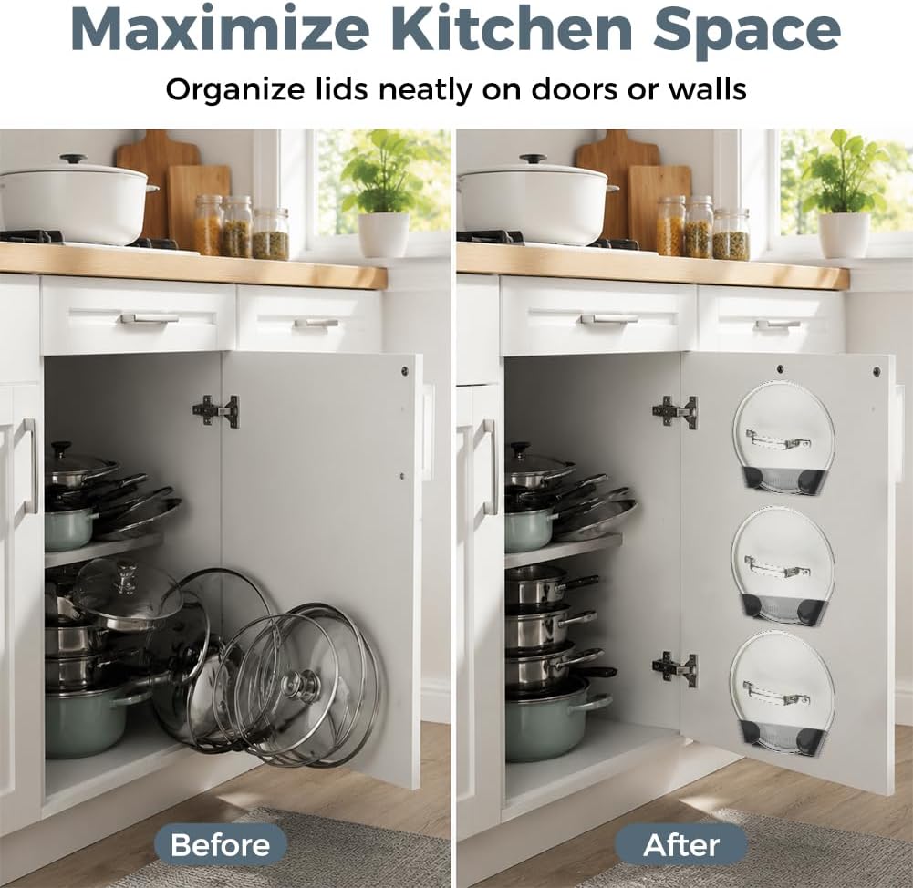 Adjustable Universal Pot Lid Holder Organizer for Cabinet, 4 Pcs Self Adhesive Wall Mount Pots Top Rack for Kitchen Cupboard Fit 7.87" to 10.63", Gray