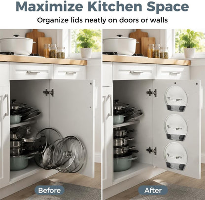 Adjustable Universal Pot Lid Holder Organizer for Cabinet, 4 Pcs Self Adhesive Wall Mount Pots Top Rack for Kitchen Cupboard Fit 7.87" to 10.63", Gray