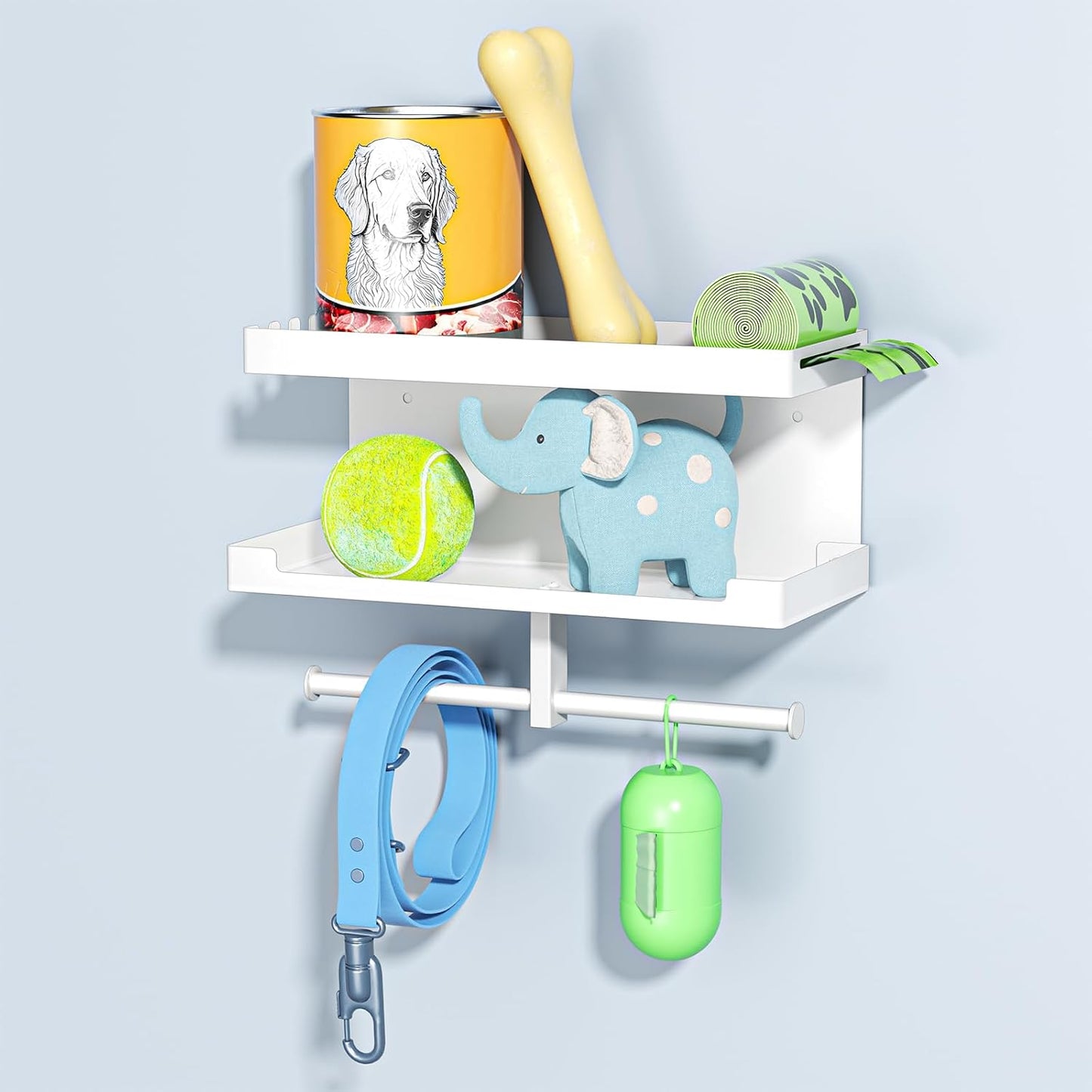 Dog Leash Holder for Wall, Leashes Hanger, Wall Mounted Dog Stuff Storage and Organizer, Metal Key Holder Pet Leash Hooks for Leashes, Training Treats, Chew Toys, Keys, Large (White)