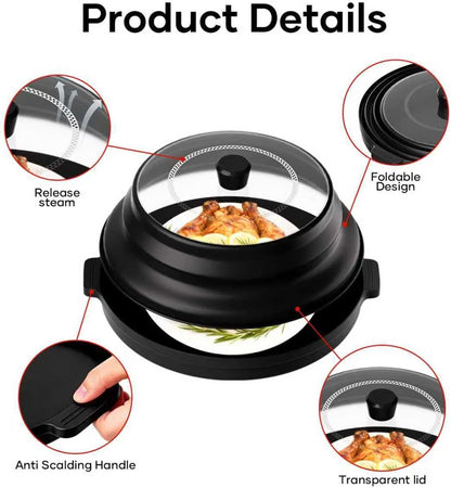 2 in 1 Microwave Splatter Cover for Food with Anti-scald Base Plate, Large Plastic & Silicone Collapsible Vented Food Guard Lid, Plate Holder & Kitchen Colander (Black)