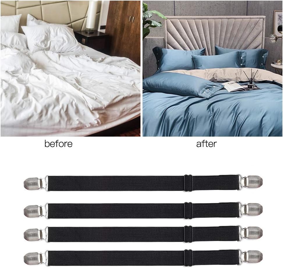 Adjustable Bed Sheet Clips, Sheet Fasteners Holder Straps and Suspender, Gripper, Extend From 21" to 80" Long Style Elastic Fasteners Bands Heavy Duty Suit for Mattress, Sofa, Couch, Recliner and More
