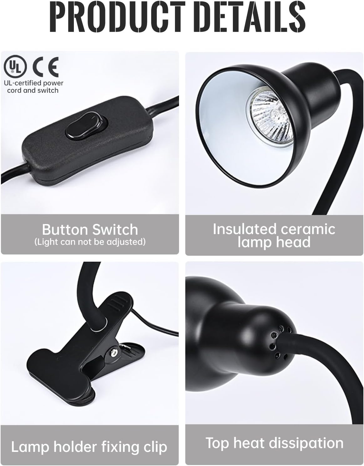 Clip On Gooseneck Lamp - 300W Max, Ceramic Fire-Resistant E26 Socket, Classic Durable Switch, Adjustable Flexible Clamp Light for Desk, Workbench, Bed Headboard, Table, Grow (Standard Clip Desk Light)