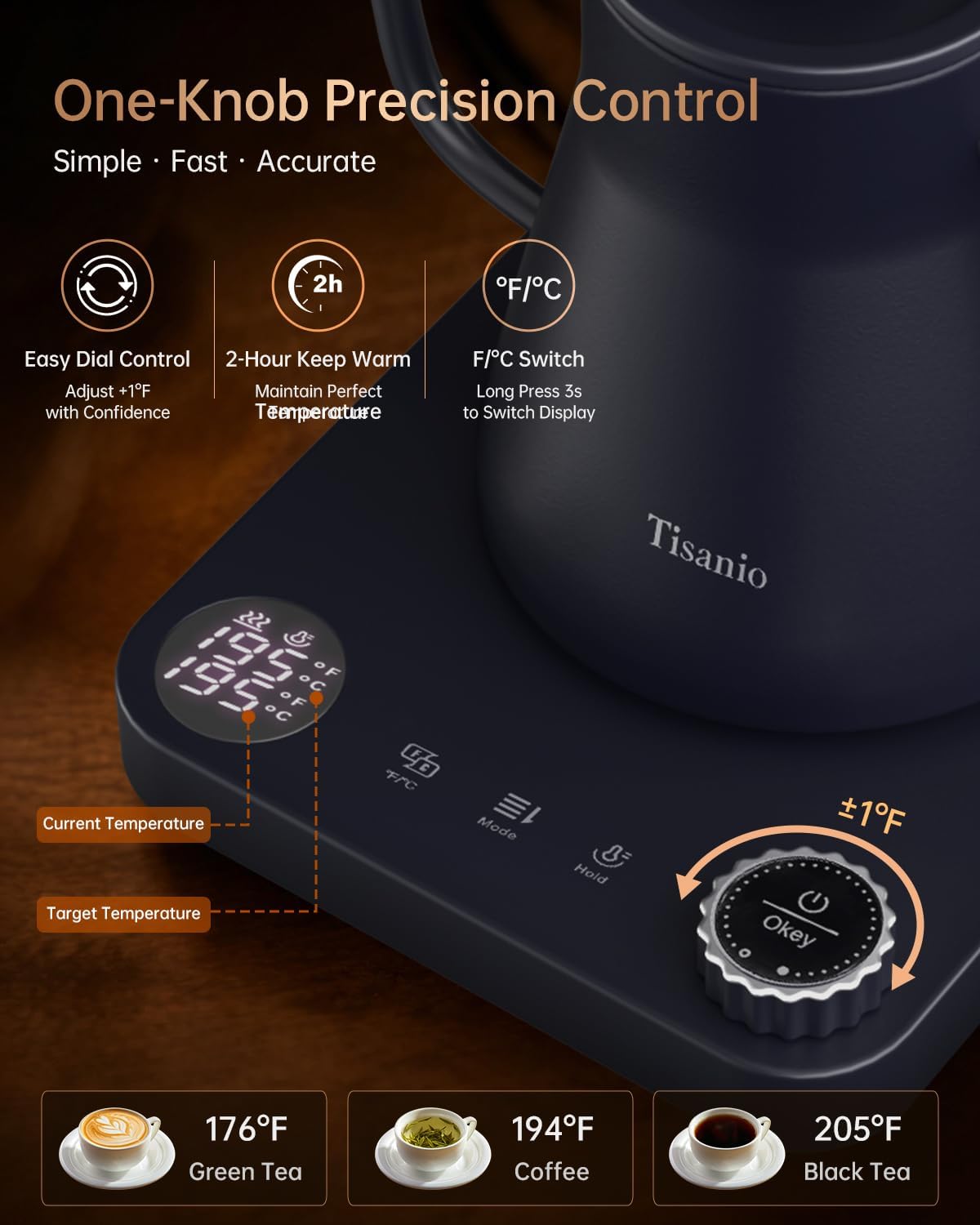 Gooseneck Electric Kettle with Temperature Control, 0.9L, Black | ±1°F Precision Pour Over Kettle, LCD Dual Display, Smart Two-Stage Heating, 2H Keep Warm, 304 Stainless Steel Interior