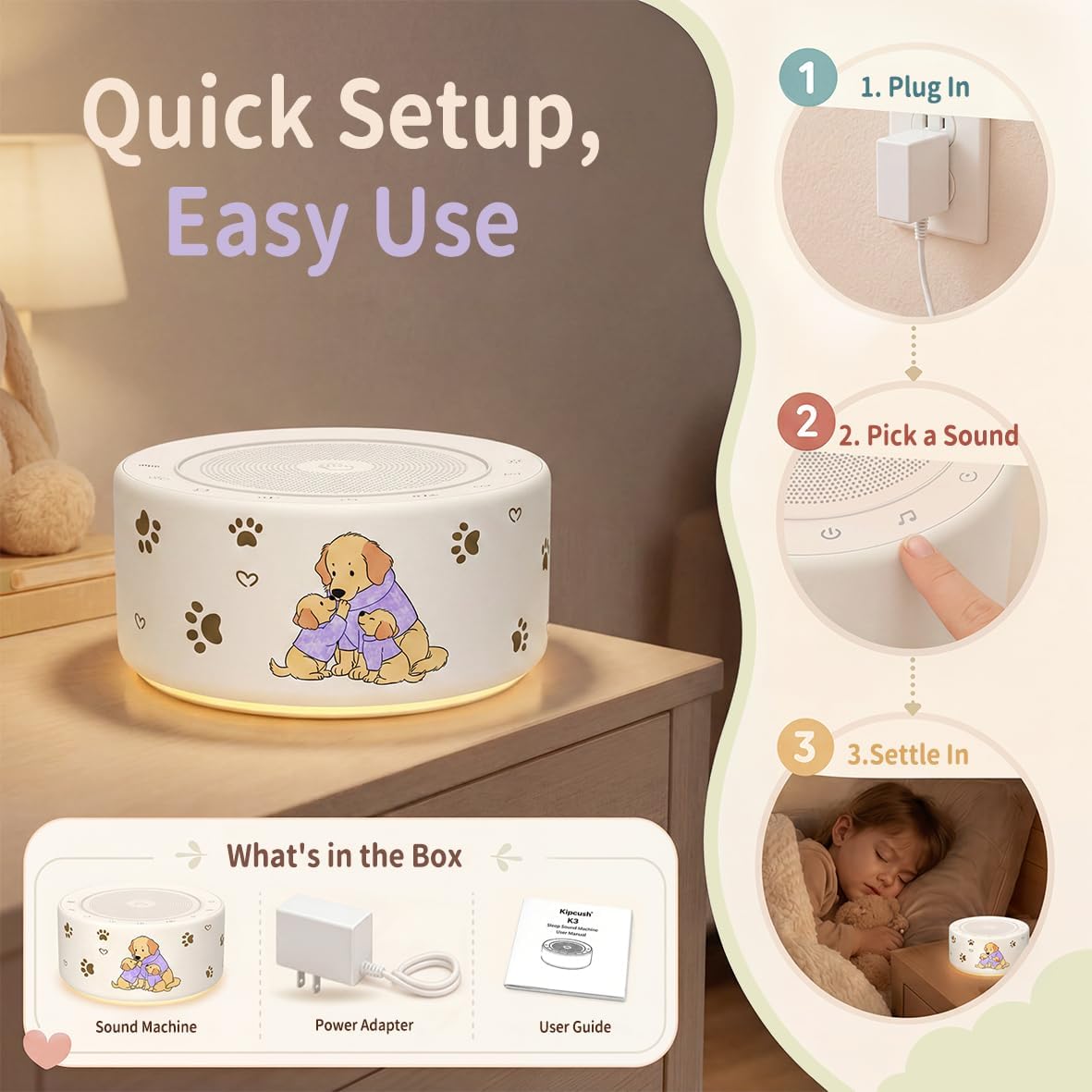 Kipcush White Noise Machine for Baby & Adults, 30 Soothing Sounds, Sleep Sound Machine with 8 Color Night Light, Memory Function, White Noise for Sleeping, Nursery, Office, Travel & Relaxation