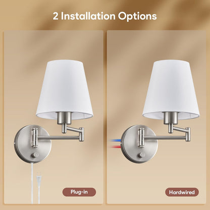 VONLUCE Wall Lamp, Plug in & Swing Arm Wall Sconce, Nickel Finish | Modern Wall Lights with White Fabric Shades, Plug in & Hardwired Wall Mounted Light for Bedside, Living Room, Hallway