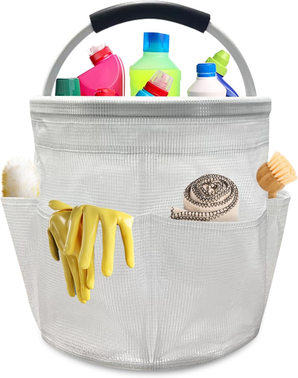 Qivine 17L Cleaning Caddy with Handle, Foldable Cleaning Supply Caddy(Blue) | Cleaning Caddy for Cleaning Supplies, Portable Cleaning Supplies Organizer with 6 Pockets, Cleaning Bucket for Kitchen Garden