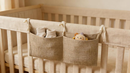 Bedside hanging bag for storing baby milk bottles and blankets - Baby diaper folding bed organizer bag - Brown