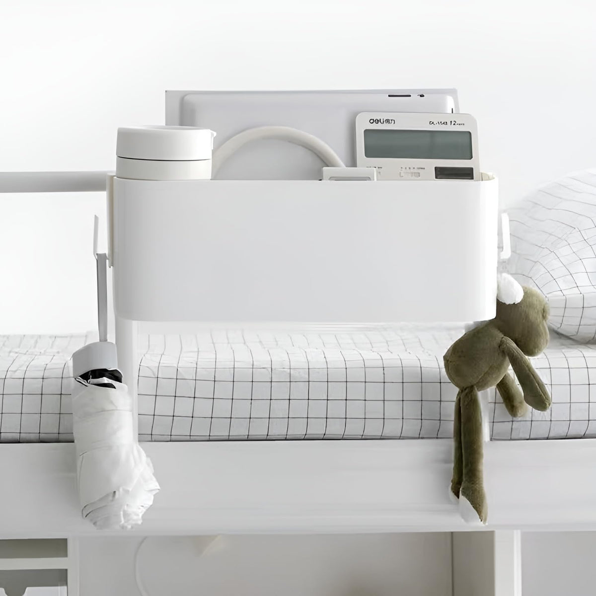 Bedside Organzier Caddy Hanging, Plastic Bunk Bed Shelf with Hooks, Large Storage Holder for Dorm Room Bed, Hospital Bed, Baby Bed Rails, 11 Lbs / 5 Kg Capacity (White)
