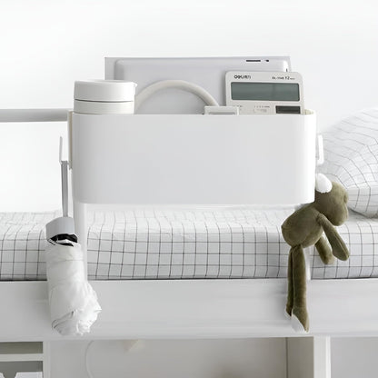 Bedside Organzier Caddy Hanging, Plastic Bunk Bed Shelf with Hooks, Large Storage Holder for Dorm Room Bed, Hospital Bed, Baby Bed Rails, 11 Lbs / 5 Kg Capacity (White)