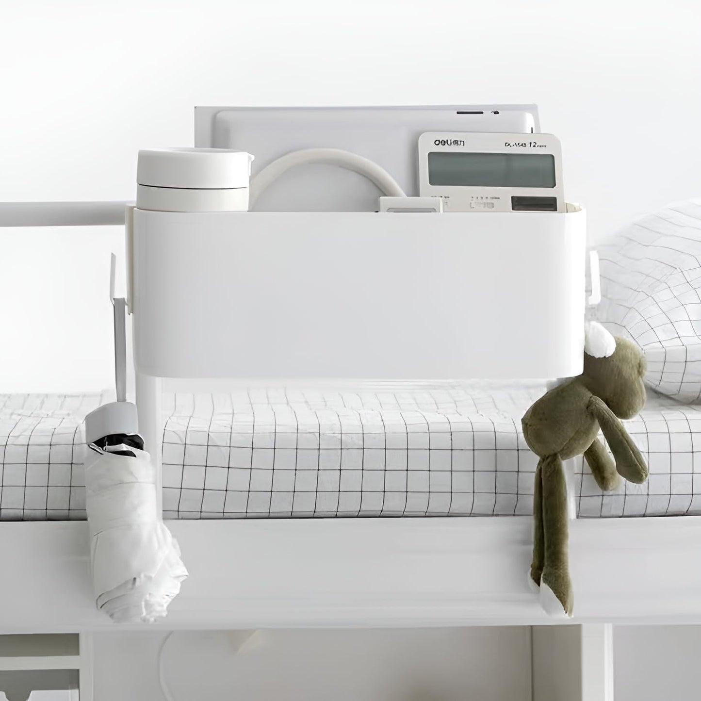 Bedside Caddy Organzier, Bunk Bed Shelf Accessories for Dorm, Bed Caddy Hanging with Hooks for Remotes, White, 11 lbs Capacity
