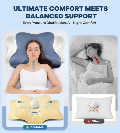 DONAMA Contour Cervical Neck Pillow for Neck Pain Relief | Queen,Ergonomic Dual-Height,Odorless Memory Foam,Side/Back/Stomach Sleepers,Cooling Hypoallergenic Cover,OEKO-TEX Certified