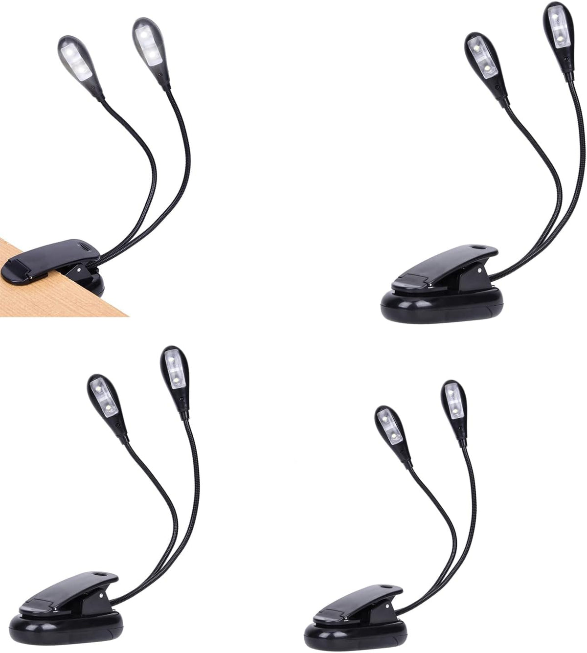 Music Stand Light, 1/2/4/ Clip on LED Book Lights, USB and AAA Battery Operated, Reading Lamp in Bed, 4 Brightness Levels, Ideal for Musician, Piano Player, Sheet Music, Travel (Dual Arm)