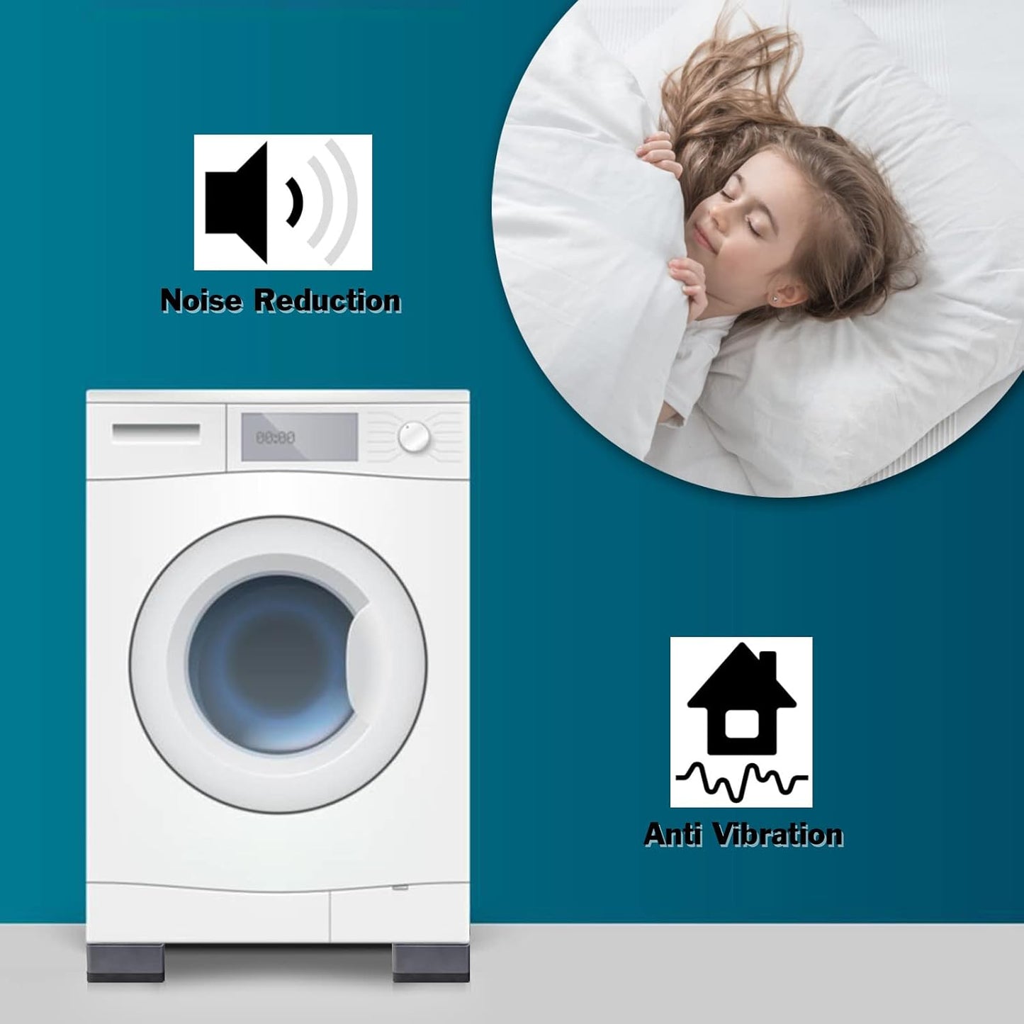 HUAKENER Anti Vibration Pad for Washing Machine, Washer and Dryer Pedestals | A set of 4 High Hard Wearing Square Rubber Foot Pads, Noise Cancelling and Shock Support Protects Pedestals