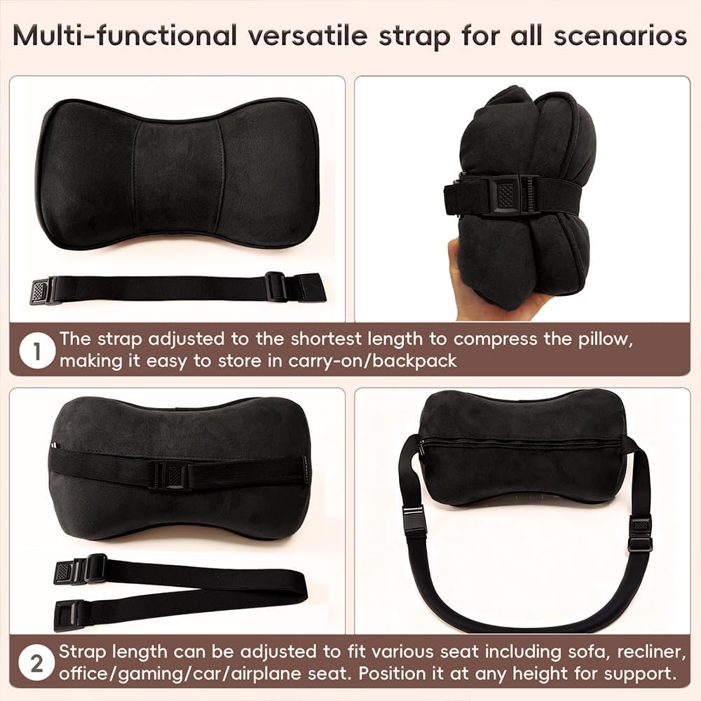 Memory Foam Neck Support Pillow for Recliner Car Headrest Pillow Tan | Couch Office Chair Head Cushion with Extension Adjustable Strap, Lower Back Lumbar Pain Relief, Ergonomic Design
