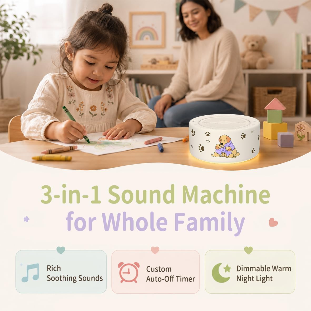 Kipcush White Noise Machine for Baby & Adults, 30 Soothing Sounds, Sleep Sound Machine with 8 Color Night Light, Memory Function, White Noise for Sleeping, Nursery, Office, Travel & Relaxation