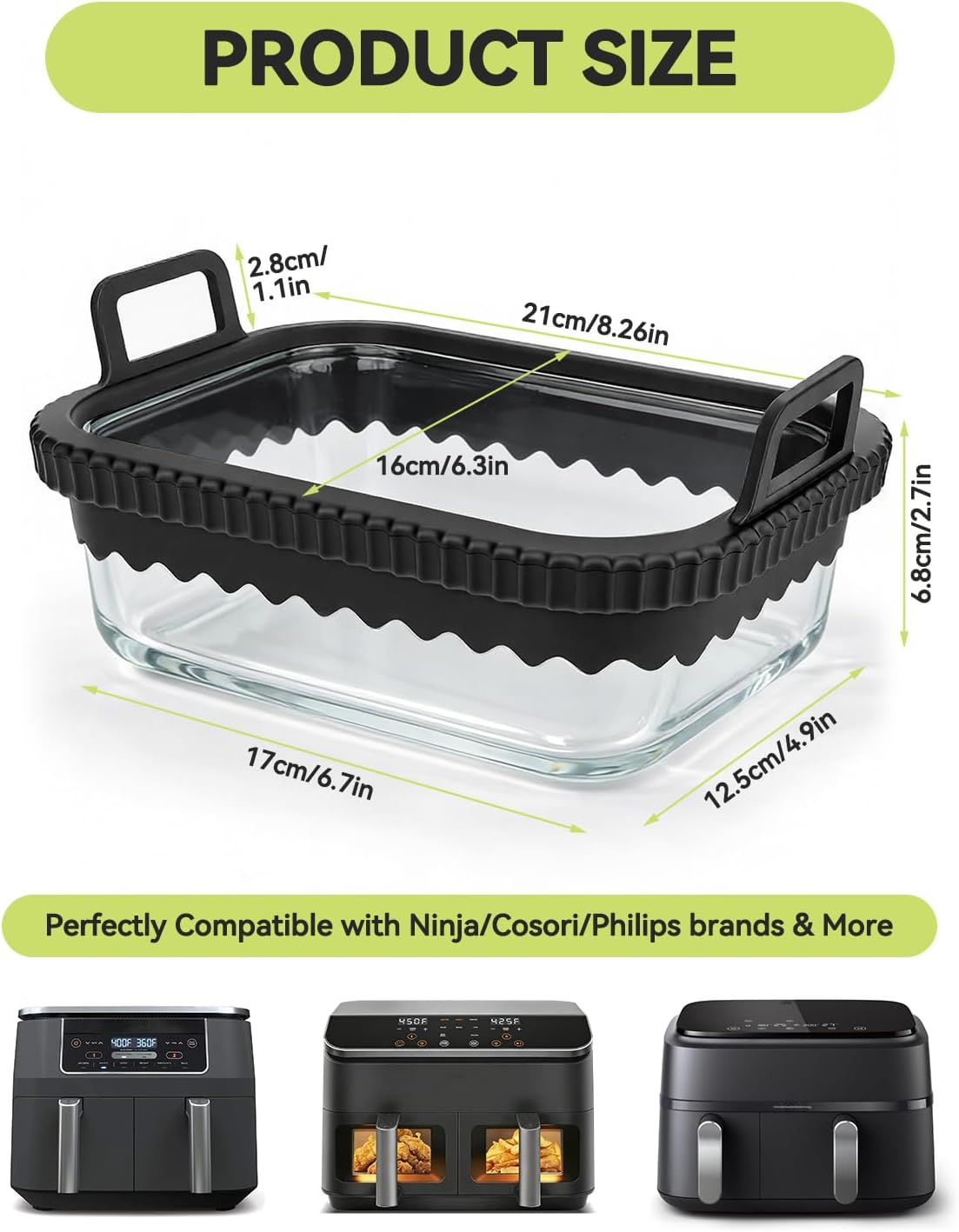 Air Fryer Glass Liner Reusable with Removable Silicone Ring, Air Fryer Accessories for Ninja Foodi DZ201/DZ401/DZ550, for COSORI/Chefman/Instant, Heat-Resistant, Dishwasher Safe & BPA-Free