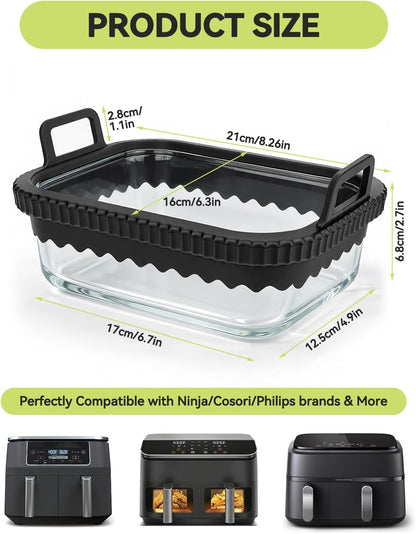 Air Fryer Glass Liner Reusable with Removable Silicone Ring, Air Fryer Accessories for Ninja Foodi DZ201/DZ401/DZ550, for COSORI/Chefman/Instant, Heat-Resistant, Dishwasher Safe & BPA-Free