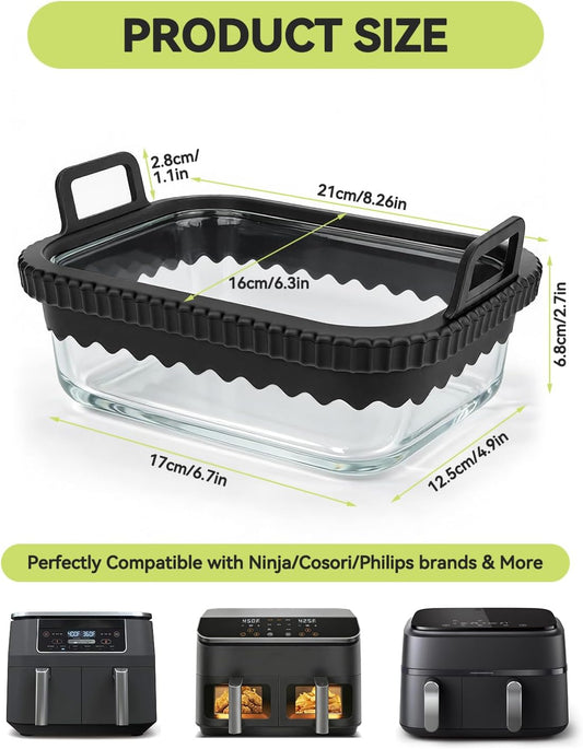 Air Fryer Glass Liner Reusable with Removable Silicone Ring, Air Fryer Accessories for Ninja Foodi DZ201/DZ401/DZ550, for COSORI/Chefman/Instant, Heat-Resistant, Dishwasher Safe & BPA-Free