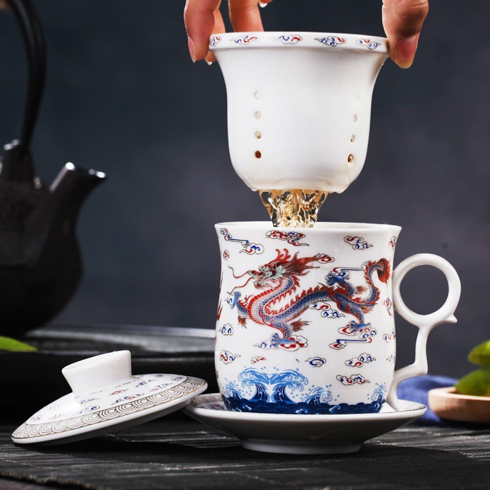 Porcelain Tea Cup with Infuser Lid and Saucer Sets - Chinese Jingdezhen Ceramics Coffee Mug Teacup Loose Leaf Tea Brewing System for Home Office