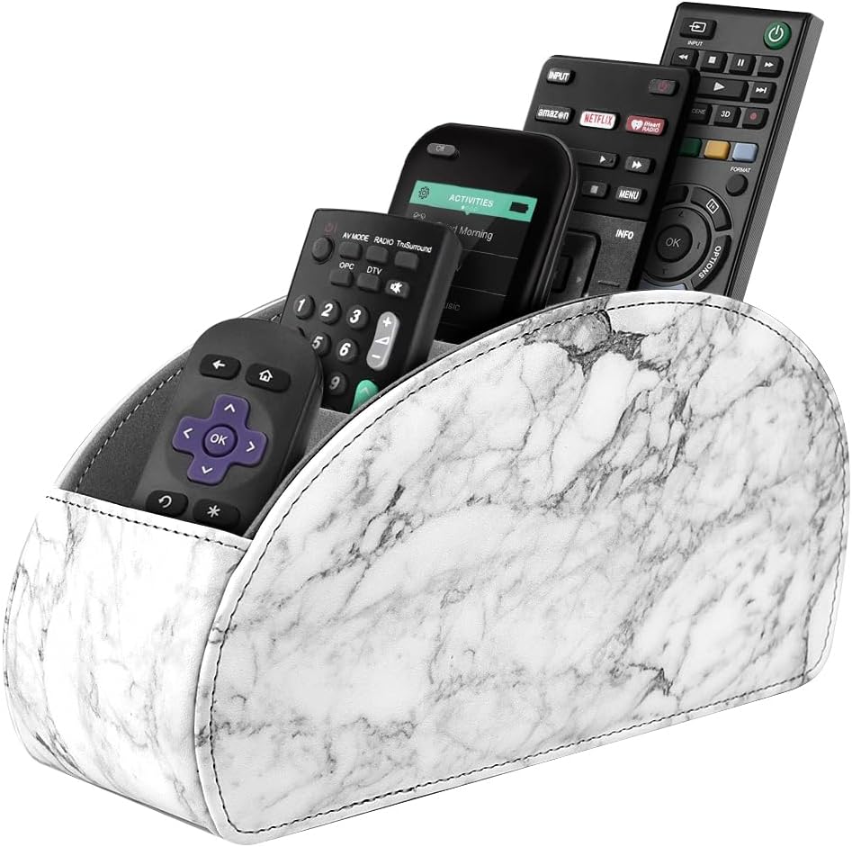 SITHON Remote Control Holder with 5 Compartments | PU Leather Remote Caddy Desktop Organizer Store TV, DVD, Blu-Ray, Media Player, Heater Controllers, Stripe Black