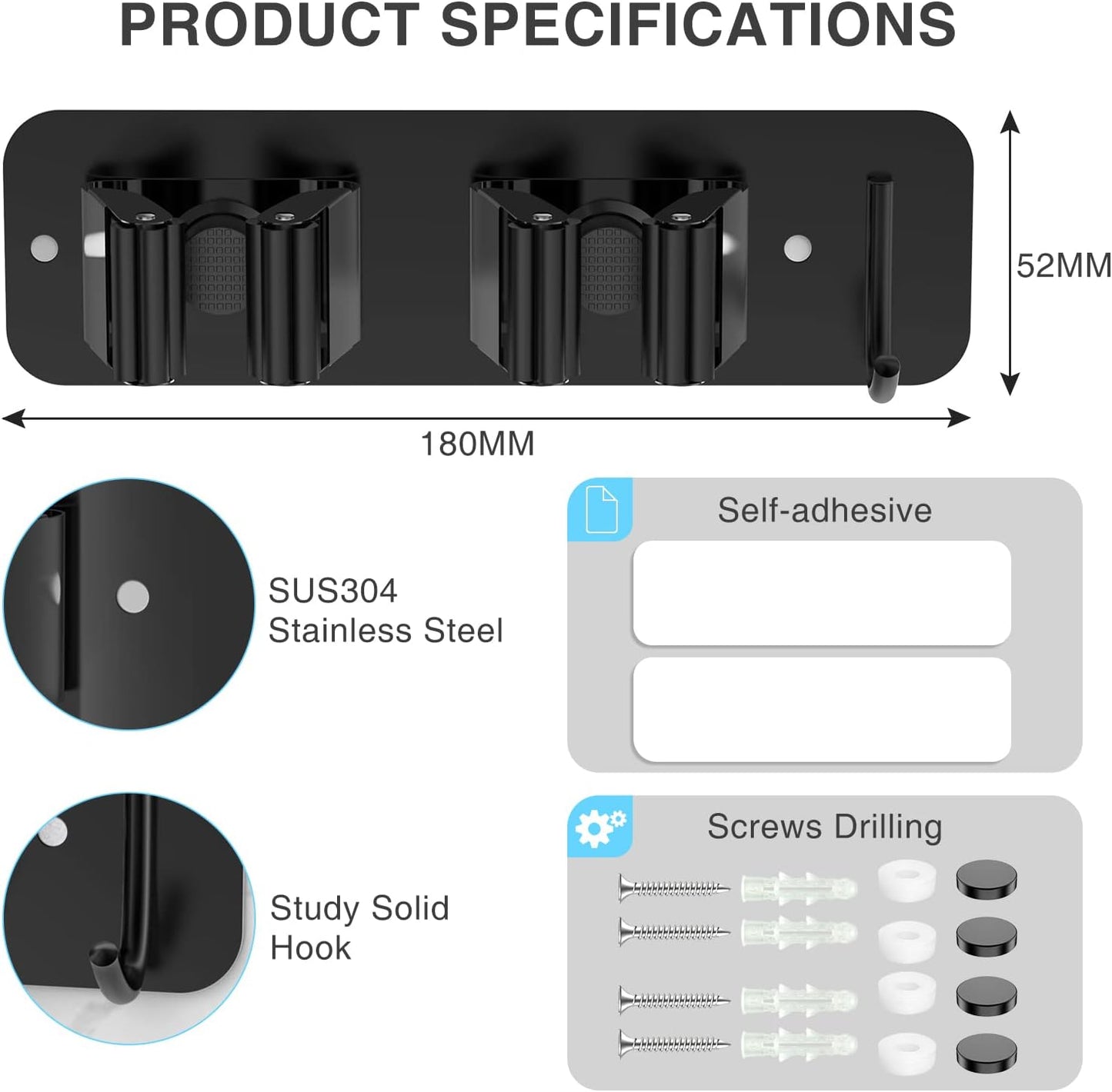 homeasy Wall Mount Mop and Broom Holder, Heavy Duty Stainless Steel Organizer Rack with Hooks | 2-Pack, 2-in-1 No Drill & Screw Installation, Silver