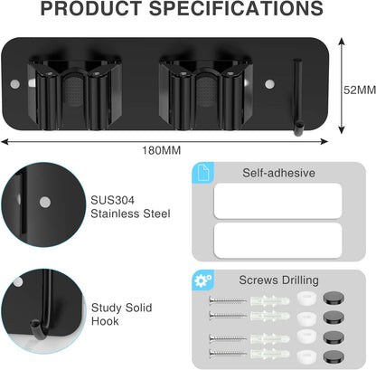 homeasy Wall Mount Mop and Broom Holder, Heavy Duty Stainless Steel Organizer Rack with Hooks | 2-Pack, 2-in-1 No Drill & Screw Installation, Silver