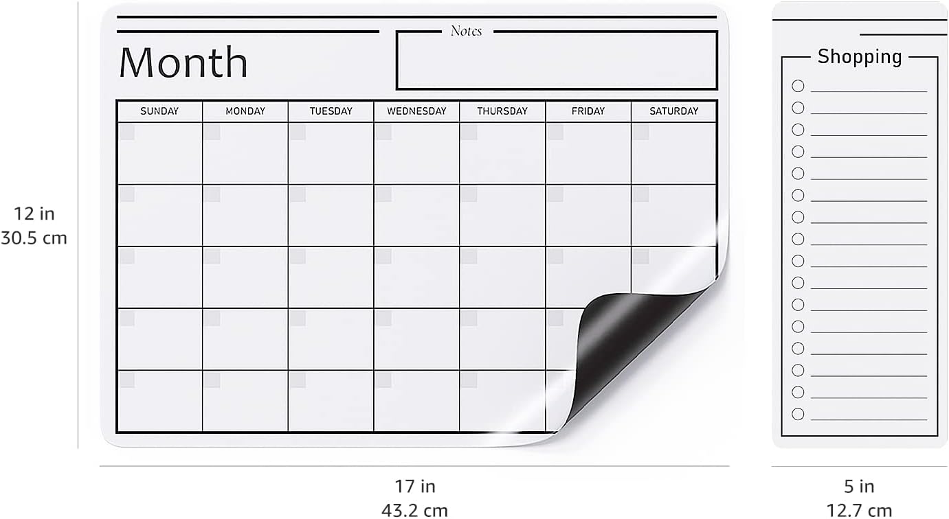 Amazon Basics Magnetic Dry Erase Whiteboard Calendar for Fridge, Easy to Clean, Schedule Organizer, 12" x 17", Includes 4 Markers and Eraser