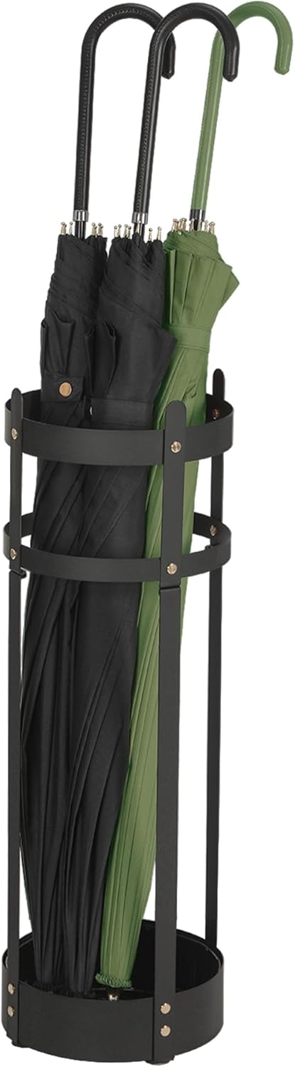 SONGMICS Umbrella Stand, Metal Umbrella Holder for Entryway, with Water Tray and 4 Hooks, 7.7 x 7.7 x 19.3 Inches, Round, Ink Black ULUC23B