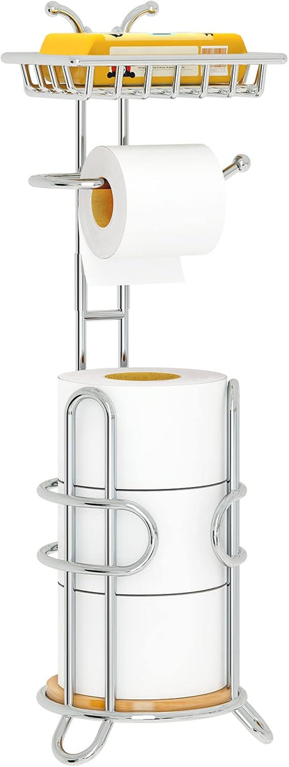 Toilet Paper Holder Stand with Shelf, Free Standing Tissue Roll Storage Rack with Dispenser for Bathroom, Black