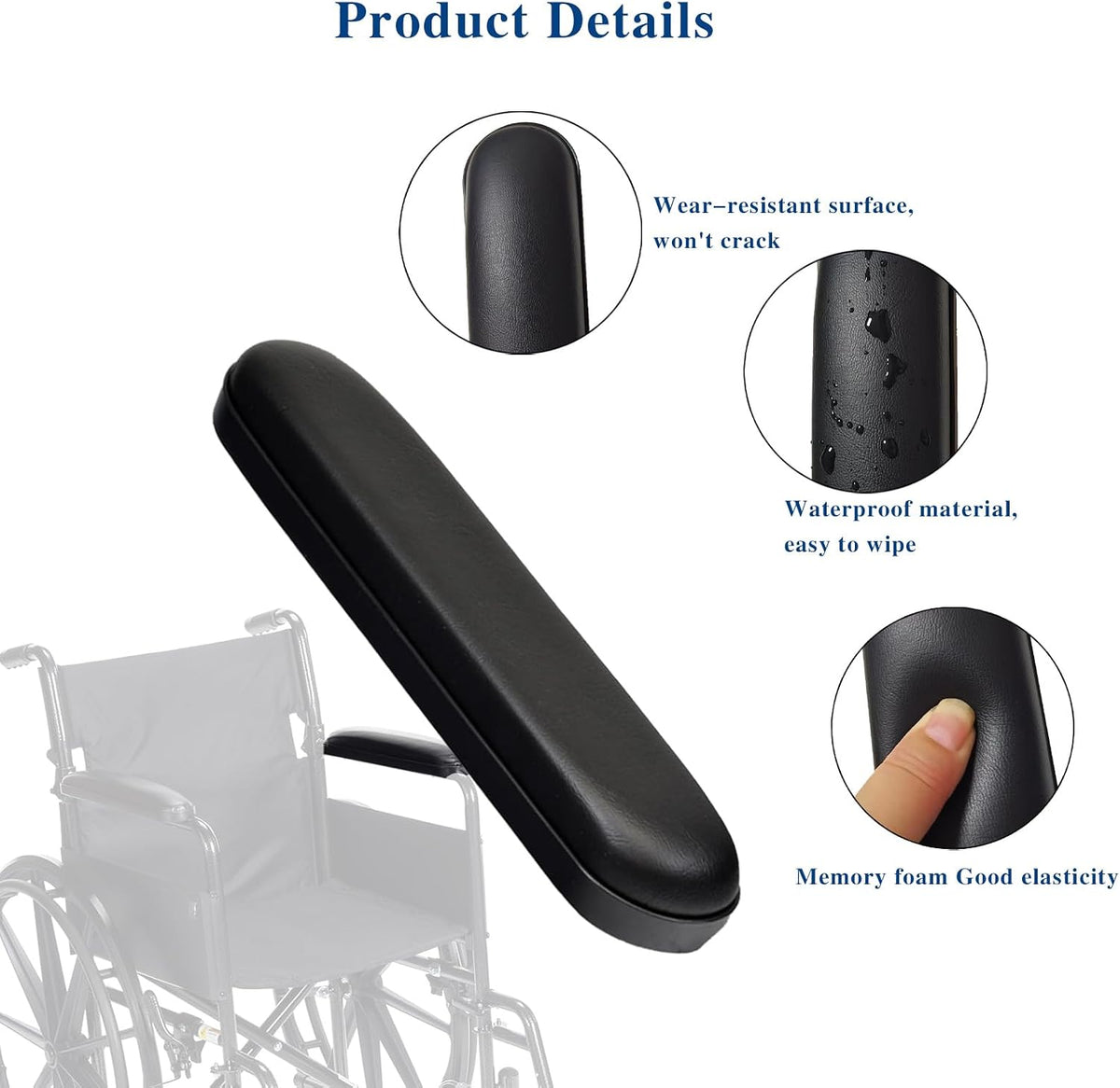 HMZ Full Length Padded Armrest Black 10-1/4" Long Wheelchair and Transport Chair arm Cushions, Black (1 Pair) Compatible with All Brands(10-1/4")