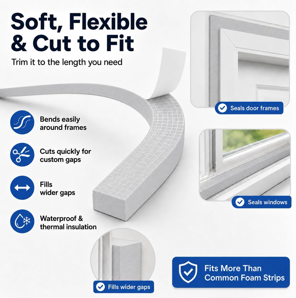 33FT EVA Foam Weather Stripping Door Seal, Self-Adhesive Weatherstrip AC Foam Tape for Door Frame, Window Gaps, Soundproof Insulation