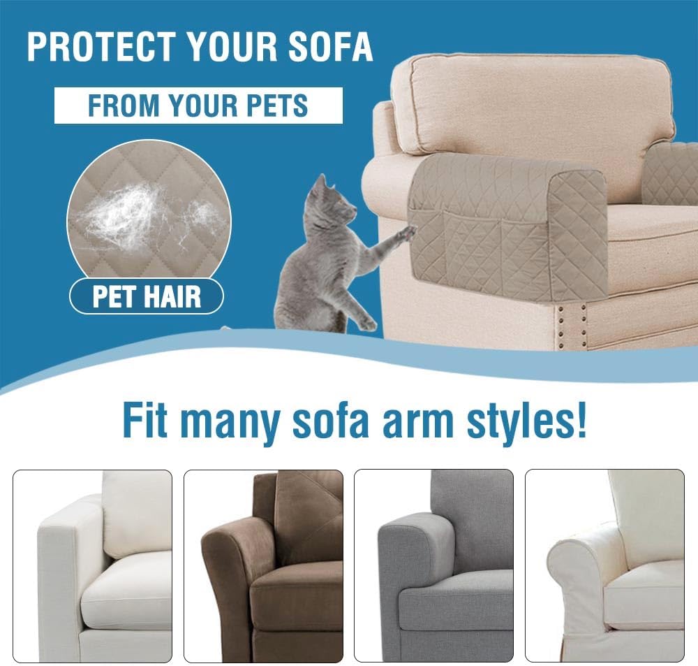H.VERSAILTEX Water Resistant Armrest Covers for Sofa, 2 Pack, Ivory/Beige | Waterproof Armchair Caddy, Couch Arm Covers Remote Control Holder Sofa Armrest Organizer for Magazine, Tablet, Phone, iPad