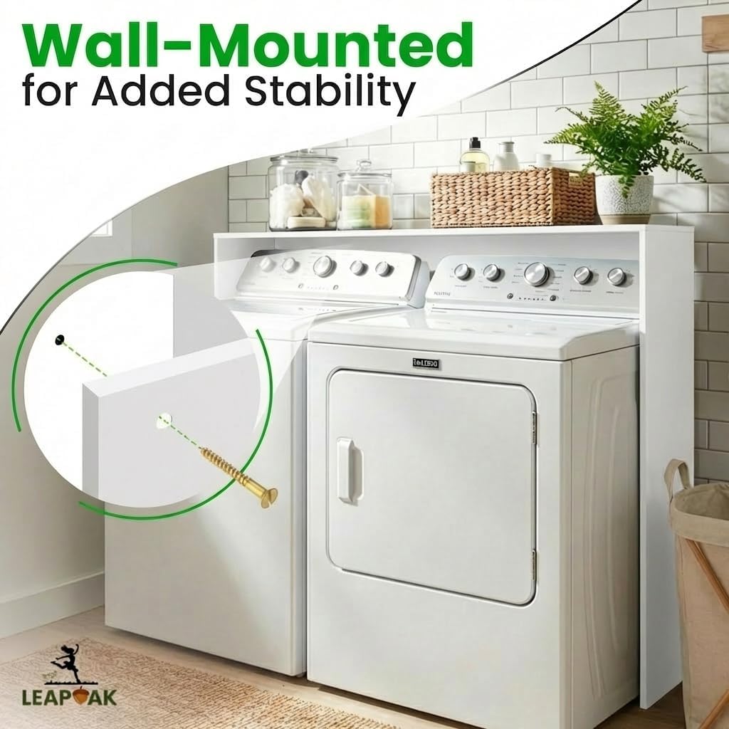 Over the Washer and Dryer Storage Shelf, Laundry Shelf, White | Engineered Wood, Laundry Room Organizer with Side Panels, Wall-Mounted, Top Surface for Folding and Supplies