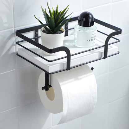 Rustic Farmhouse Toilet Paper Holder with Shelf - Farmhouse Bathroom Rustic Country Decor - Rustic Bathroom Accessories with Warm Brown Wood Shelf for Wipes&Cell Phone&Reading, Black Metal