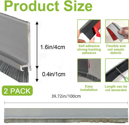 2 PCS Brush Door Sweep, Draft Stoppers Bottom, 2" W x 39" L, Black | No Residue, Strong Adhesive Draft Stopper with Brush for Interior Door, Bottom Seal Strip for Protection Against Bug, Dust