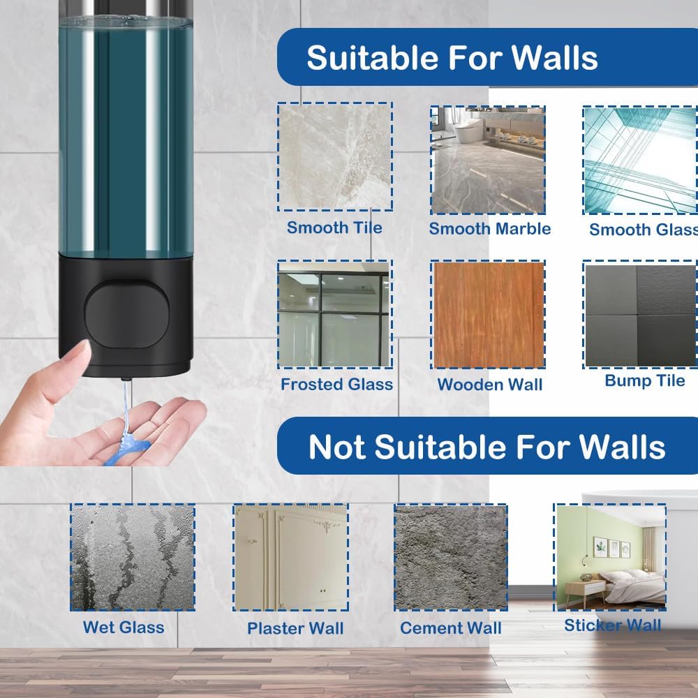 Wall Mounted Hand Soap Dispenser, 1 Chamber, 10oz/300ml Single Black Shampoo and Conditioner Dispenser, Bathroom Shower Dispenser Gel Container Dispenser and Organizer for Bathroom Kitchen Hotel