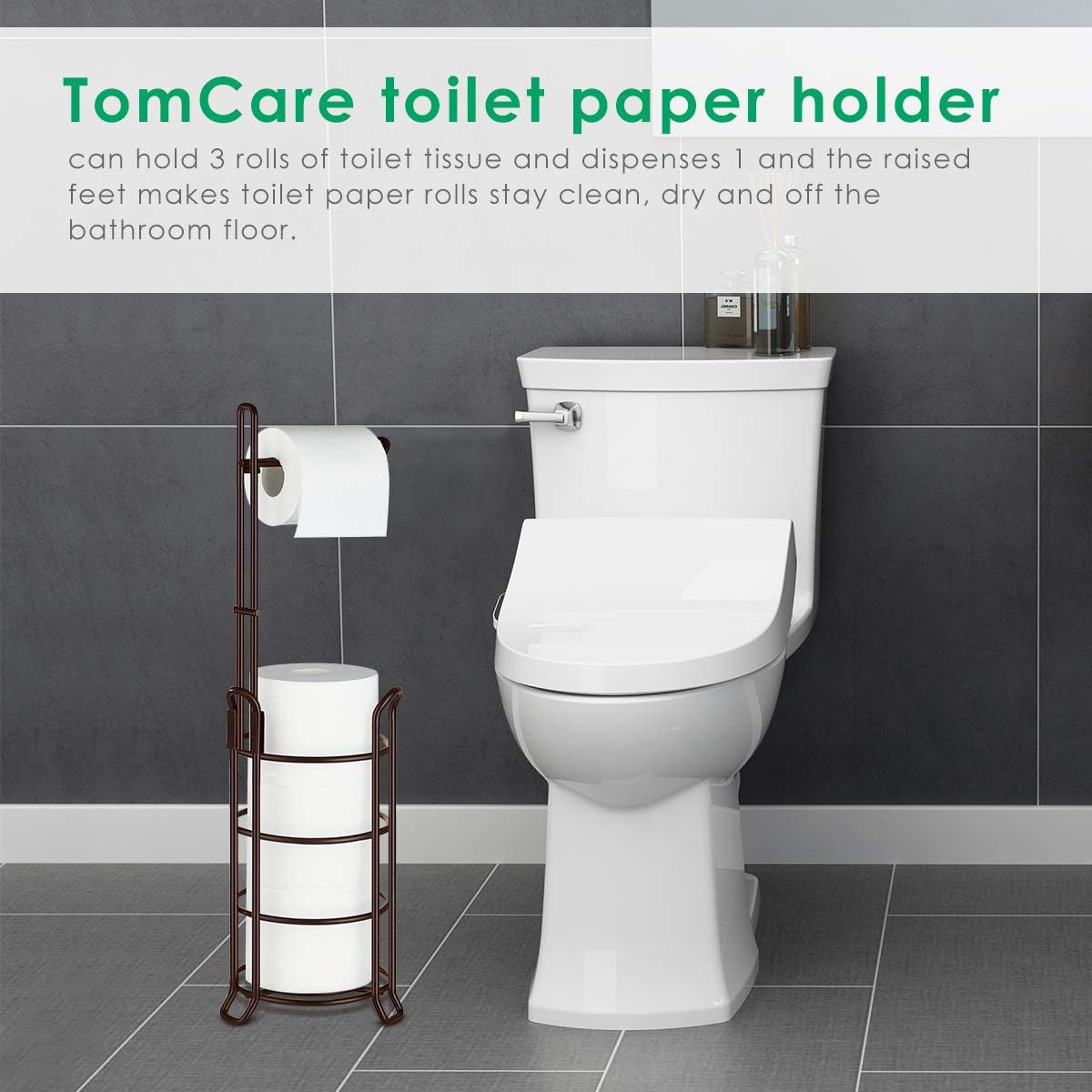 TomCare Toilet Paper Holder Free Standing with Shelf, Stable 4 Raised Feet | Stores 4 Mega Rolls, Tool-Free Assembly, Powder-Coated Metal Frame, Bathroom Storage Organizer for Spare Rolls, Silver