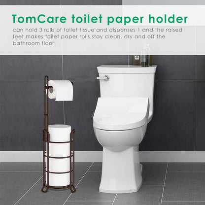 TomCare Toilet Paper Holder Free Standing with Shelf, Stable 4 Raised Feet | Stores 4 Mega Rolls, Tool-Free Assembly, Powder-Coated Metal Frame, Bathroom Storage Organizer for Spare Rolls, Silver